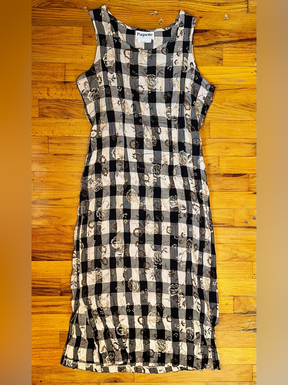 Vintage Paquette Byer Black and White Gingham Floral Dress Cottagecore L